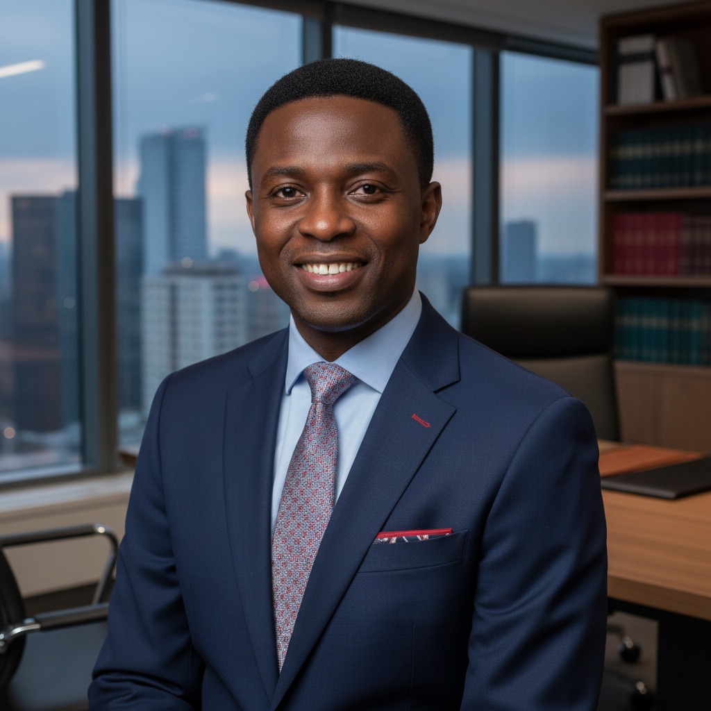 A Black businessman wearing a navy suit and patterned tie smiles in a corporate office with a city view.